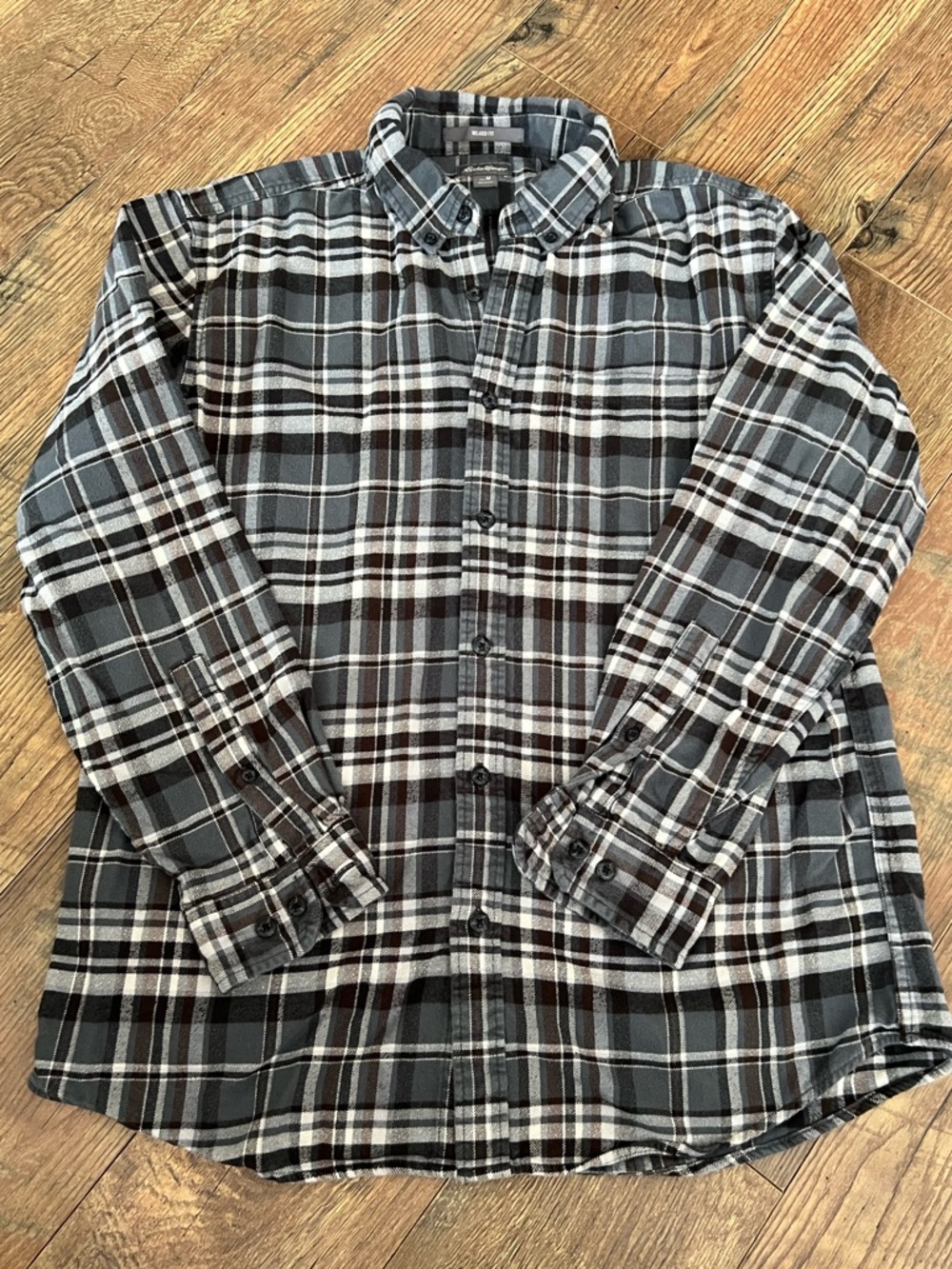 Eddie Bauer Men's Gray and Black Plaid Button-Down Shirt